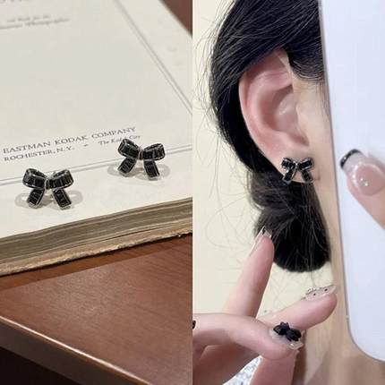 s925银针耳饰黑色锆石蝴蝶结耳钉轻奢小众设计感简约小巧气质耳环