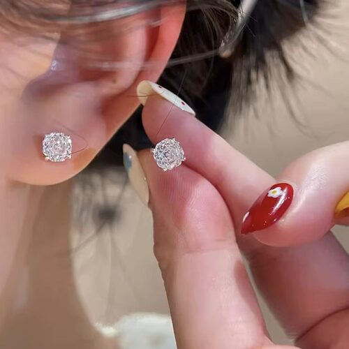 超闪锆石玫瑰花切耳钉