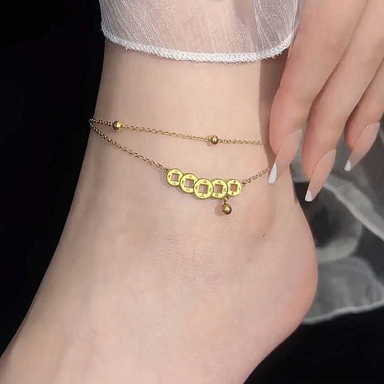女式高级感五帝钱招财转运脚踝链