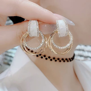 气质百搭耳圈耳饰 s925银针环环相扣闪钻耳环女轻奢小众设计感时尚