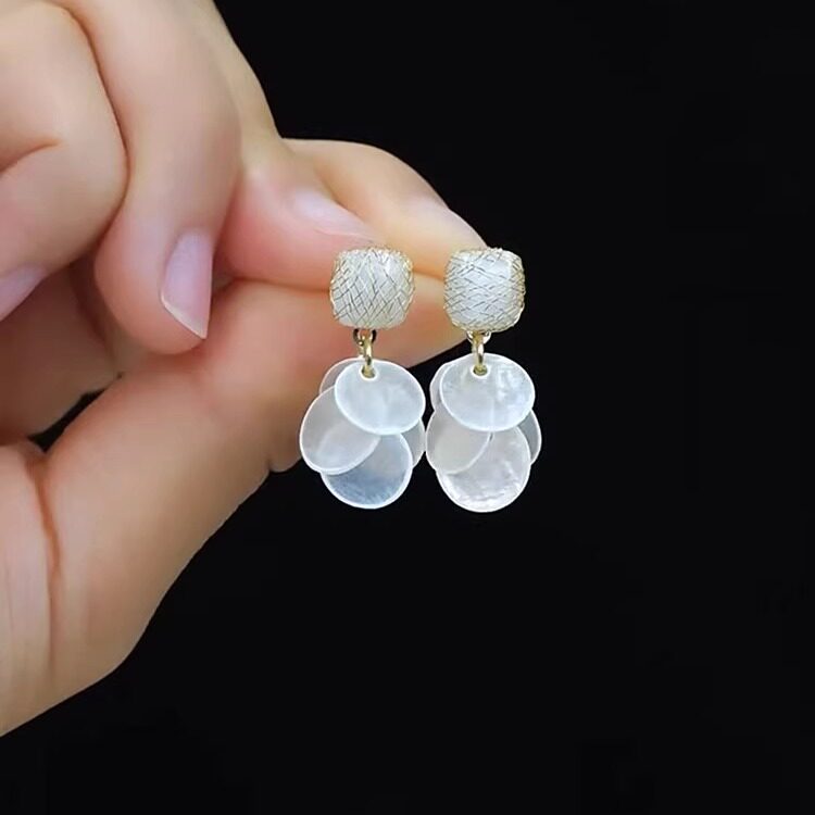 法式复古网纱猫眼石贝壳流苏耳环