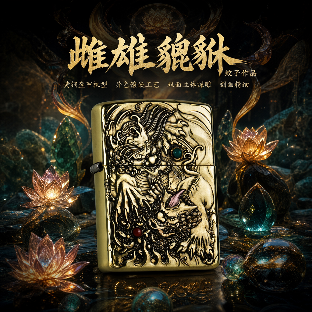 zippo正品打火机 蚊版盔甲双面精雕镶嵌松石雌雄貔貅 煤油火机