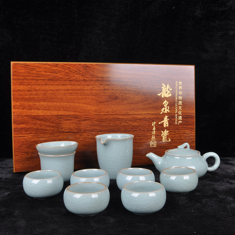 哥窑功夫茶具套装家用陶瓷高档木质礼盒装开片西施壶盖碗全套礼品
