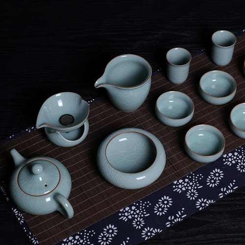 云上青瓷功夫茶具套装茶壶茶杯家用办公室中式哥窑冰裂陶瓷茶具