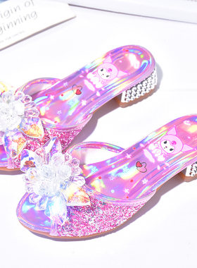 公主水晶鞋粉紫色库洛米儿童拖鞋时尚洋气亮钻女童凉拖夏季高跟鞋