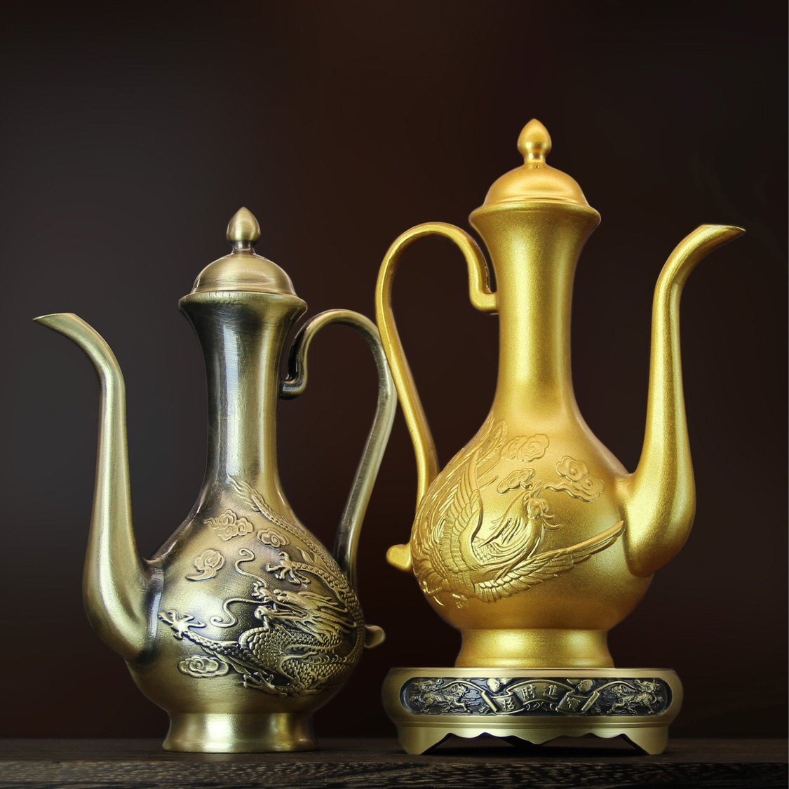 纯铜酒壶中式仿古供奉酒壶龙凤铜器道具老酒壶家用婚庆酒具摆件