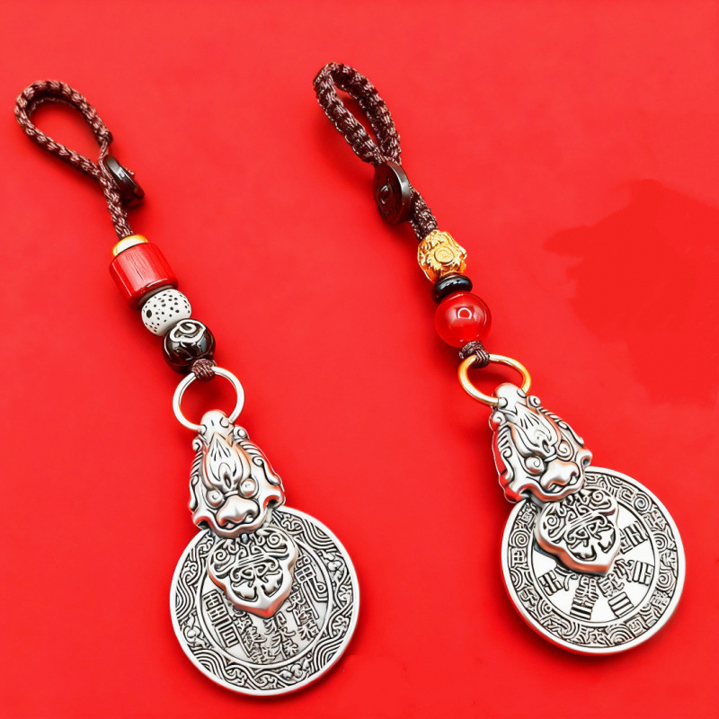 转转钥匙扣镀银山鬼花钱吊坠貔貅朱砂男女八卦铜钱足银平安挂件礼