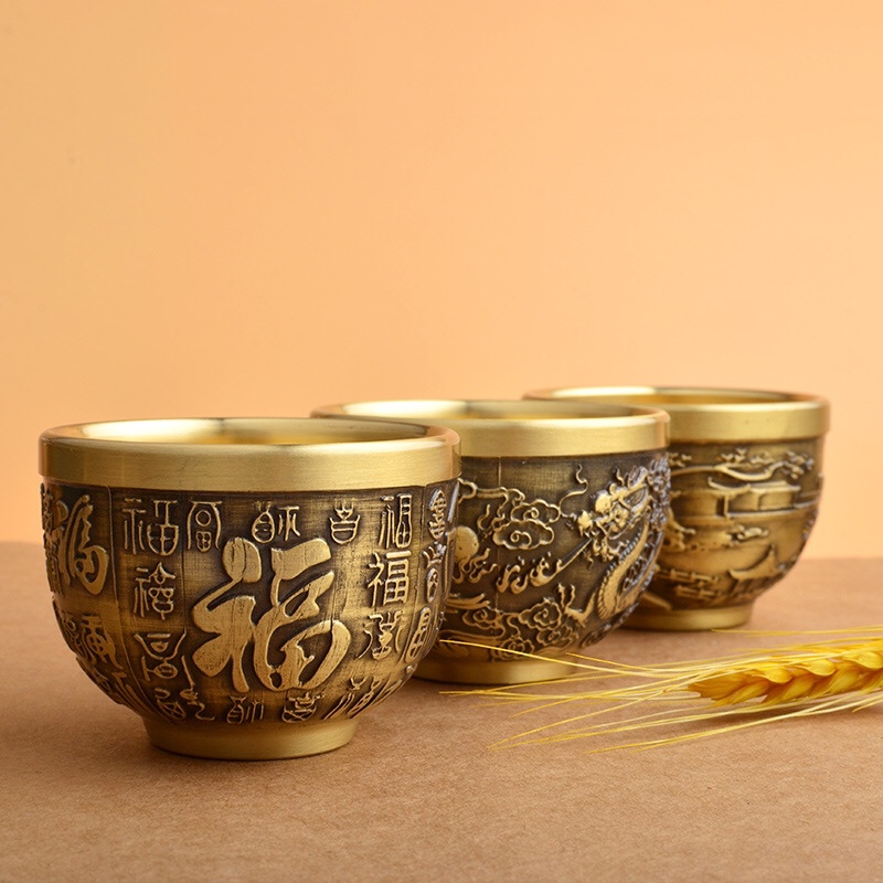 纯铜小酒杯全铜黄铜二两白酒杯传统高档家用酒具百福茶杯水杯摆件