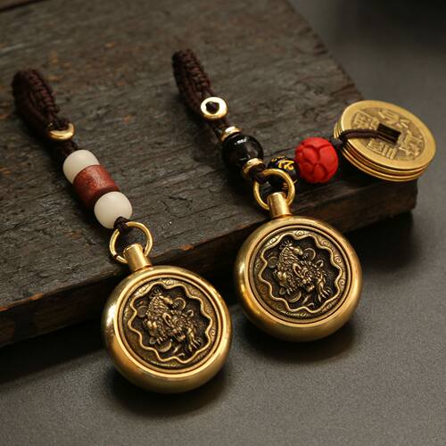 黄铜火麒麟招财令招财进宝五帝钱转转钥匙扣葫芦吊坠男女包包挂坠
