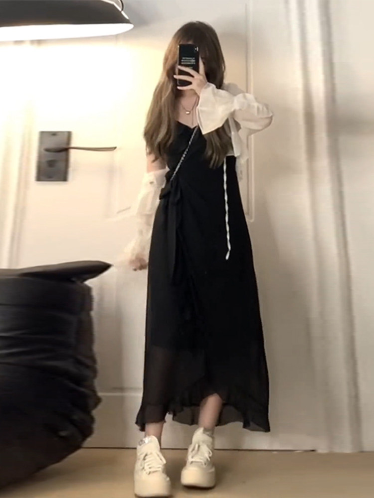 PLUS SIZE IRREGULAR SLIP DRESS WOMENS SPRING AND AUTUMN CHUBBY MM THIN TEA BREAK BELLFLOWER FRENCH WAIST SKIRT LITTLE BLACK DRESS