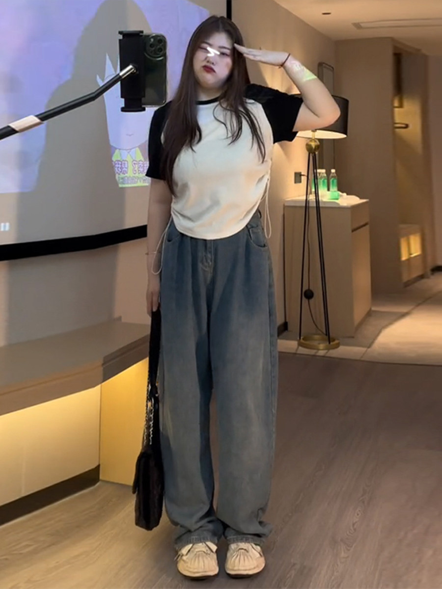 PLUS SIZE SHOULDER-BLOCK T-SHIRT WOMENS SUMMER SLIGHTLY CHUBBY MM SLIM LOOSE AND VERSATILE DRAWSTRING PURE LUST BABES SHORT SLEEVE TOP