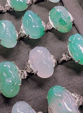 天然玉石非洲翠貔貅戒指活口可调节diy百搭泰银搭配潮流饰品