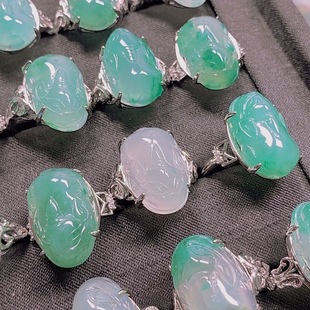 天然玉石非洲翠貔貅戒指活口可调节diy百搭泰银搭配潮流饰品