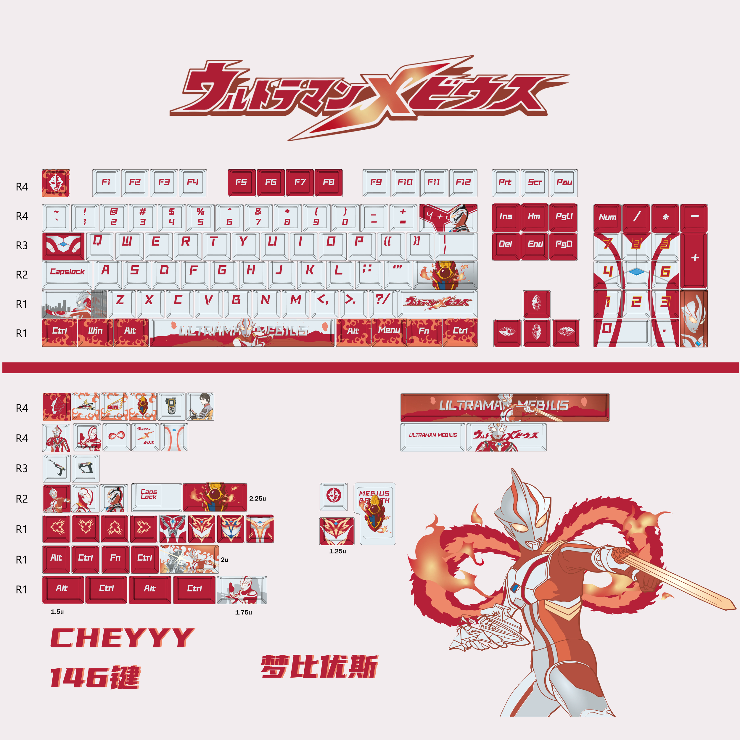 梦比优斯键帽奥特曼怪兽键帽 146键PBT热升华动漫键盘帽-喜喜