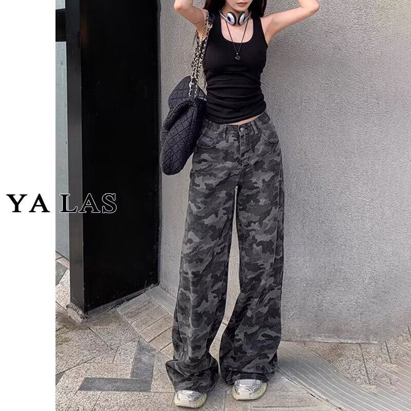 大码迷彩高腰工装阔腿牛仔裤女夏季新款胖mm宽松显瘦遮肉直筒裤子