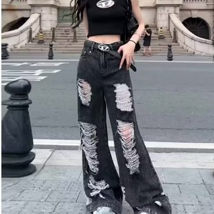 女2026春夏设计感小众高腰直筒拖地阔腿裤 美式 复古黑色破洞牛仔裤