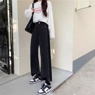 大码直筒拼接牛仔裤女秋冬新款胖妹妹mm韩版高腰显瘦阔腿九分裤子