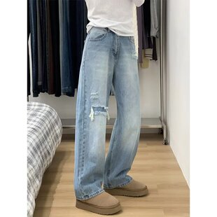 2025新款小个子窄版阔腿裤梨型身材胖mm巨显瘦裤子女款破洞牛仔裤