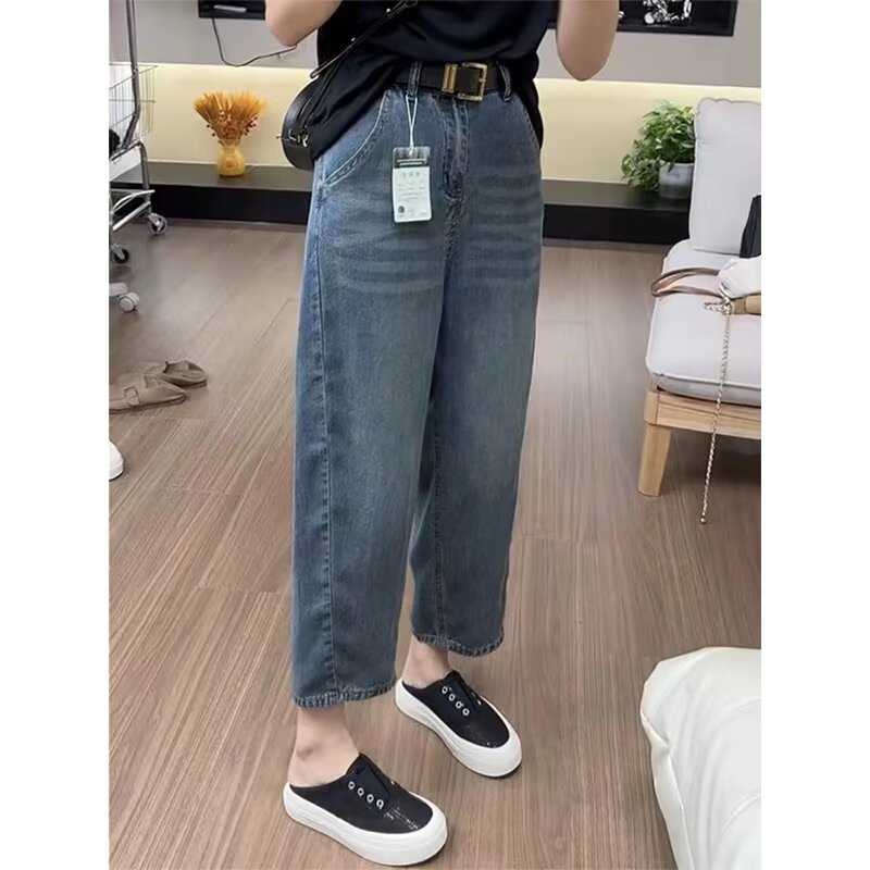 2025春季新款牛仔裤女薄款天丝显瘦萝卜裤大码胖mm直筒九分哈伦裤