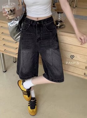 大码美式复古黑灰色牛仔中裤女春夏小个子高腰直筒阔腿裤五六分裤