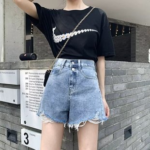 女2025夏季 高腰破洞宽松ins韩版 牛仔短裤 新款 显瘦网红薄款 a字热裤