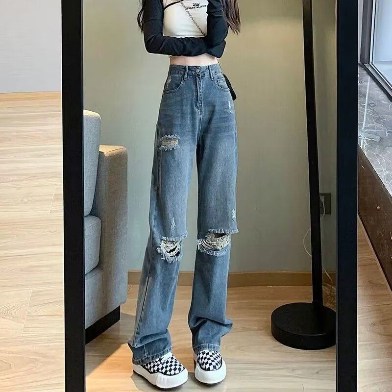 大码破洞直筒牛仔裤女秋季2025年新款高腰显瘦设计感窄版阔腿裤子,女装/女士精品,牛仔裤,淘宝优惠券,粉丝福利购,淘宝优惠卷