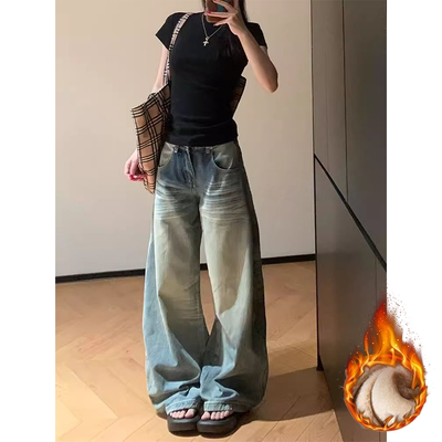 加绒美式水洗浅蓝色阔腿牛仔裤