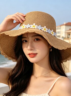 夏季大檐波浪边蝴蝶结防晒草帽女