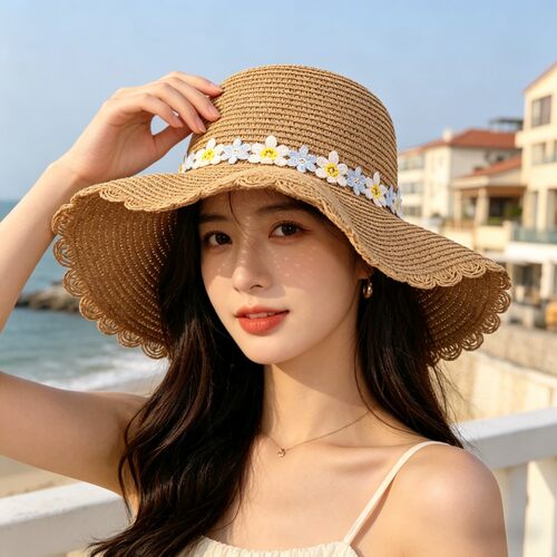 夏季大檐波浪边蝴蝶结防晒草帽女