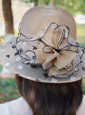 夏季新款帽子遮阳防晒欧根纱花朵盆帽女户外旅游时尚优雅渔夫帽潮