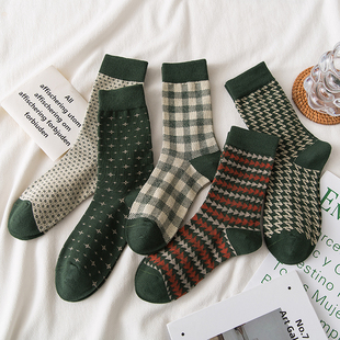 袜子女中筒袜纯棉长袜秋冬季 长筒袜ins潮绿色外穿韩国千鸟格高筒