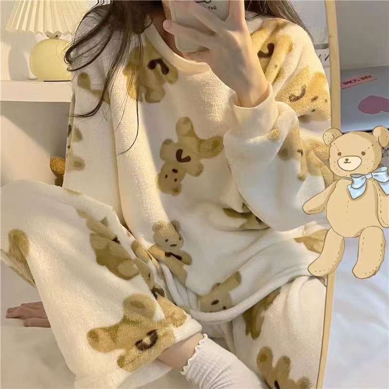 法兰绒睡衣女秋冬季两件套韩版甜美可爱珊瑚绒加厚保暖外穿家居服