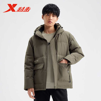 特步羽绒服男款2024冬季新款加厚保暖工装连帽外套976429190245