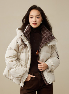 茵曼2025冬季新款长袖短款鸭绒羽绒服女上衣宽松面包服外套小个子