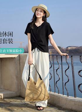 茵曼2026夏季新款时尚V领短袖T恤女士宽松显瘦休闲阔腿裤两件套装