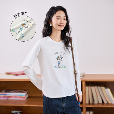 茵曼2025秋季新款纯棉长袖T恤女正肩白色宽松显瘦打底衫上衣爆款