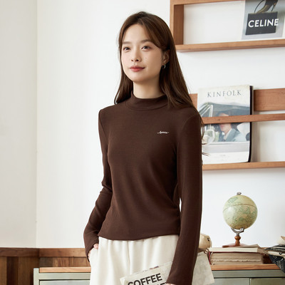 茵曼2025秋季新款薄款长袖t恤女士正肩半高领内搭打底衫爆款修身