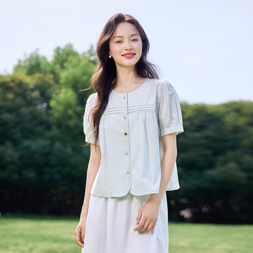 茵曼2026夏季新款纯棉短袖衬衫女轻奢高级感减龄夏日宽松轻薄防晒