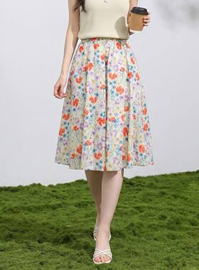 茵曼2026夏季新款纯棉复古松紧腰碎花半身裙女士宽松显瘦百搭中裙