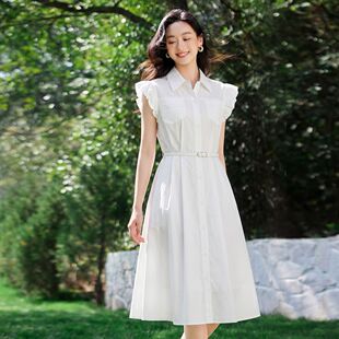 茵曼2026夏季新款法式浪漫飞飞袖衬衫长裙女通勤显瘦a字连衣裙