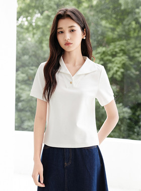 茵曼2026夏季新款翻领短袖t恤女显瘦正肩领独特超好看的上衣白色