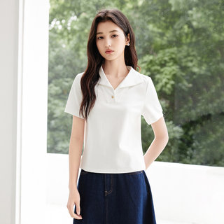 茵曼2026夏季新款翻领短袖t恤女显瘦正肩领独特超好看的上衣白色