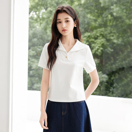茵曼2026夏季新款翻领短袖t恤女显瘦正肩领独特超好看的上衣白色