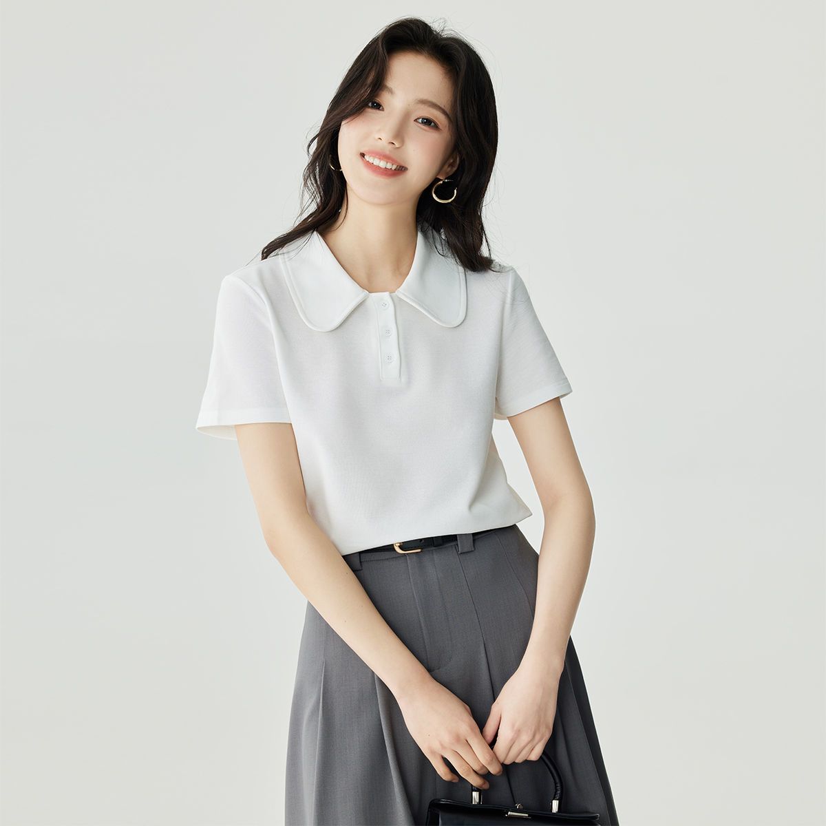 茵曼2026夏季新款通勤休闲Polo衫女装纯色娃娃领甜美短袖t恤上衣