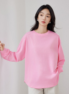 茵曼2025秋季新款纯棉长袖T恤女白色宽松版显瘦百搭圆领上衣爆款