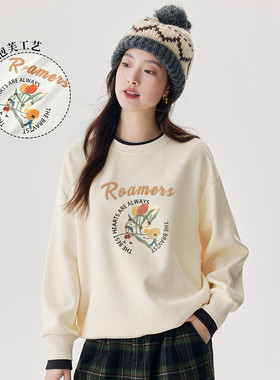 茵曼2025秋季新款插肩长袖卫衣外套女士撞色拼接学院风上衣打底衫