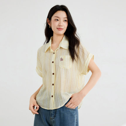茵曼2026夏季新款莱赛尔透气条纹短袖衬衫女翻领休闲日常通勤上衣