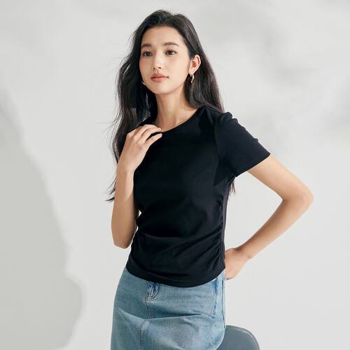 茵曼2026夏季新款修身显瘦短袖t恤女短款正肩圆领休闲百搭上衣