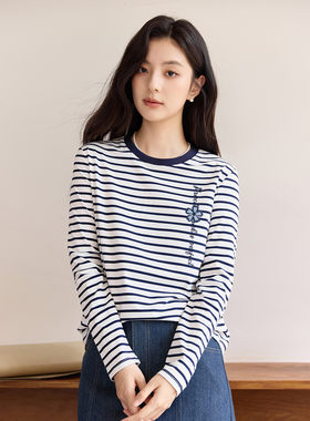 茵曼2026秋季新款长袖t恤女正肩圆领独特超好看爆款内搭上衣条纹
