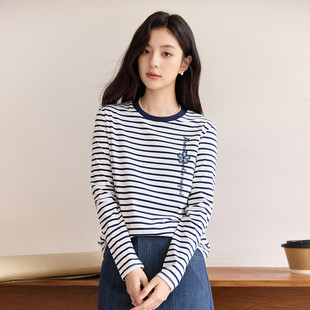 茵曼2026春季新款长袖t恤女正肩圆领独特超好看爆款内搭上衣条纹